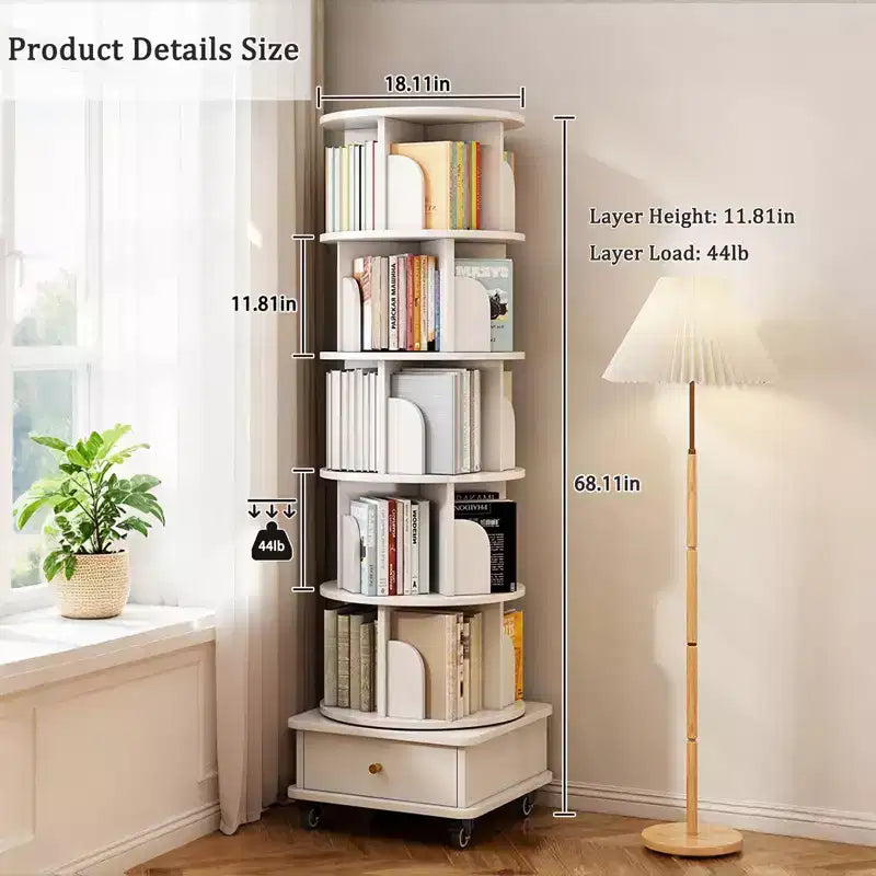 Étagère à Livres Rotative à 360° à 6 Niveaux, Tour Tournante Ronde Blanche Chaude 46x46x173 cm, Structure Robuste en MDF, Utilisation Multi-Scènes dans la Chambre, le Salon
