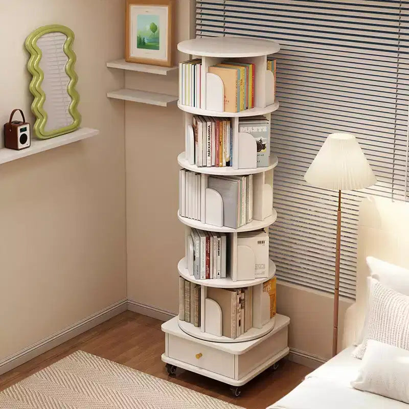 Étagère à Livres Rotative à 360° à 6 Niveaux, Tour Tournante Ronde Blanche Chaude 46x46x173 cm, Structure Robuste en MDF, Utilisation Multi-Scènes dans la Chambre, le Salon