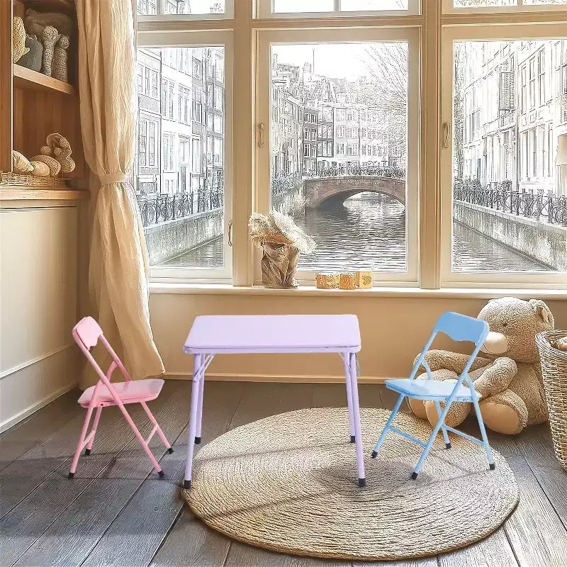 Ensemble table et chaises pour enfants FurnitureR, table pliante en métal 3 pièces avec 2 chaises, ensemble de table de jeu compact pour chambre d'enfant, salle de jeux, chambre à coucher, usage intérieur