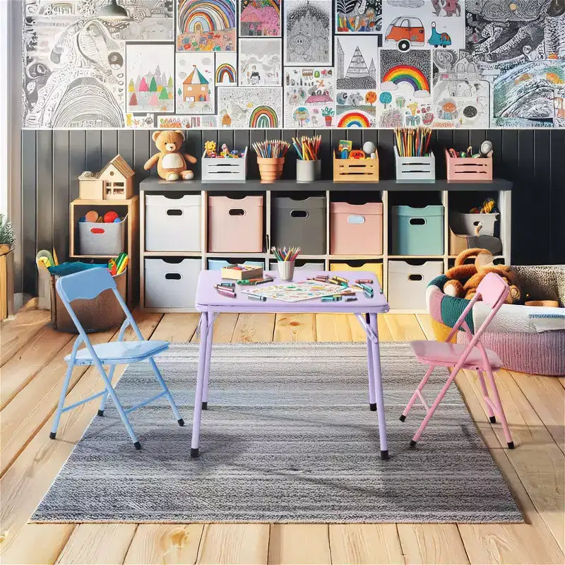 Ensemble table et chaises pour enfants FurnitureR, table pliante en métal 3 pièces avec 2 chaises, ensemble de table de jeu compact pour chambre d'enfant, salle de jeux, chambre à coucher, usage intérieur