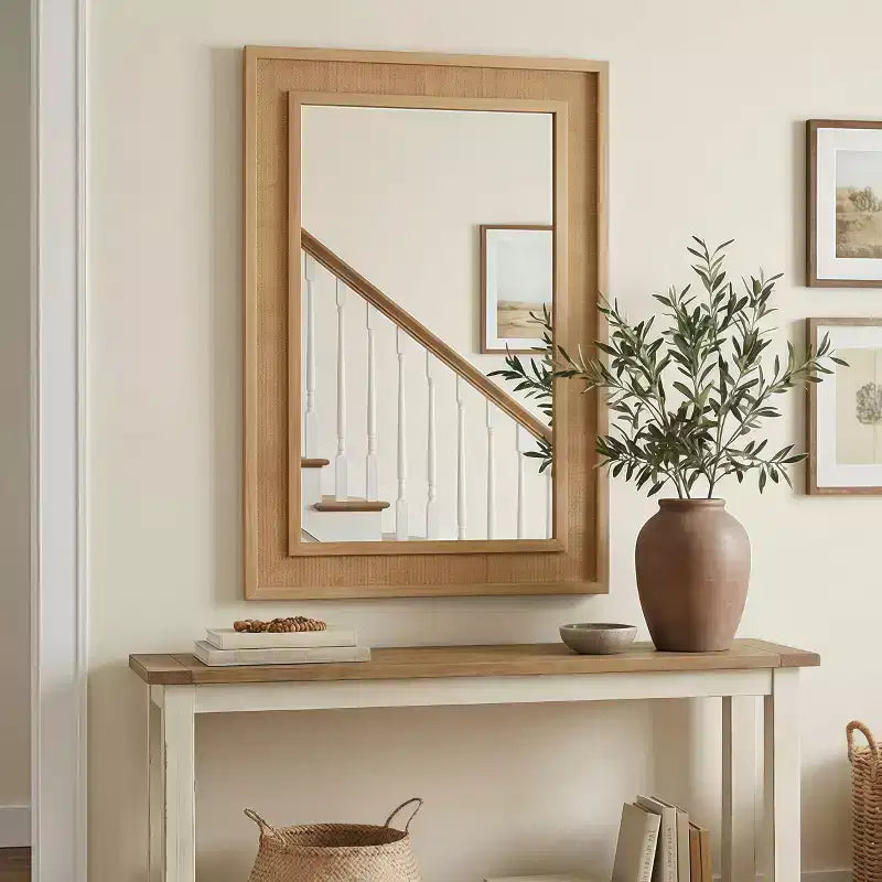 Miroir décoratif rectangulaire en rotin avec cadre en bois massif, pour ferme, salle de bain, décoration intérieure, entrée