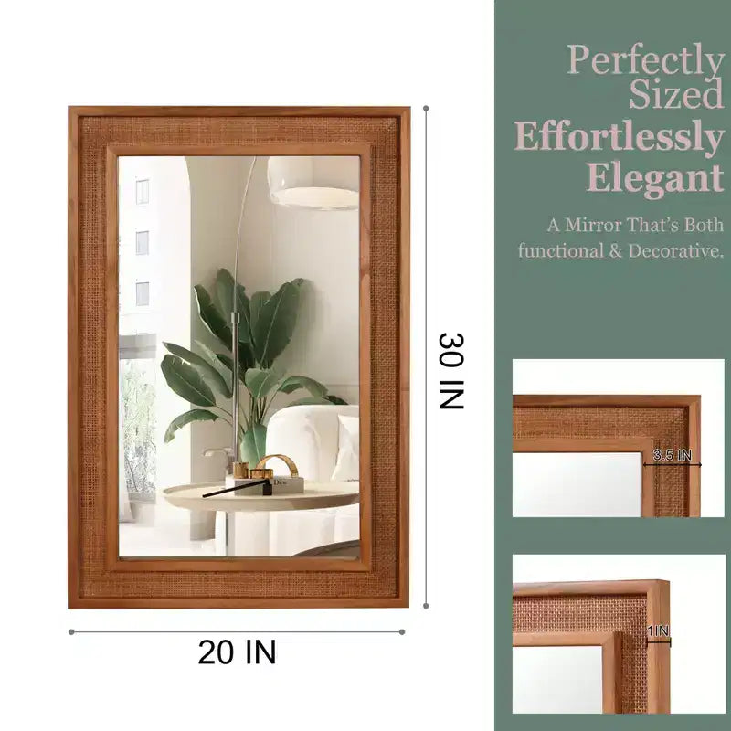 Miroir décoratif rectangulaire en rotin avec cadre en bois massif, pour ferme, salle de bain, décoration intérieure, entrée