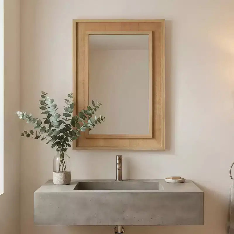Miroir décoratif rectangulaire en rotin avec cadre en bois massif, pour ferme, salle de bain, décoration intérieure, entrée