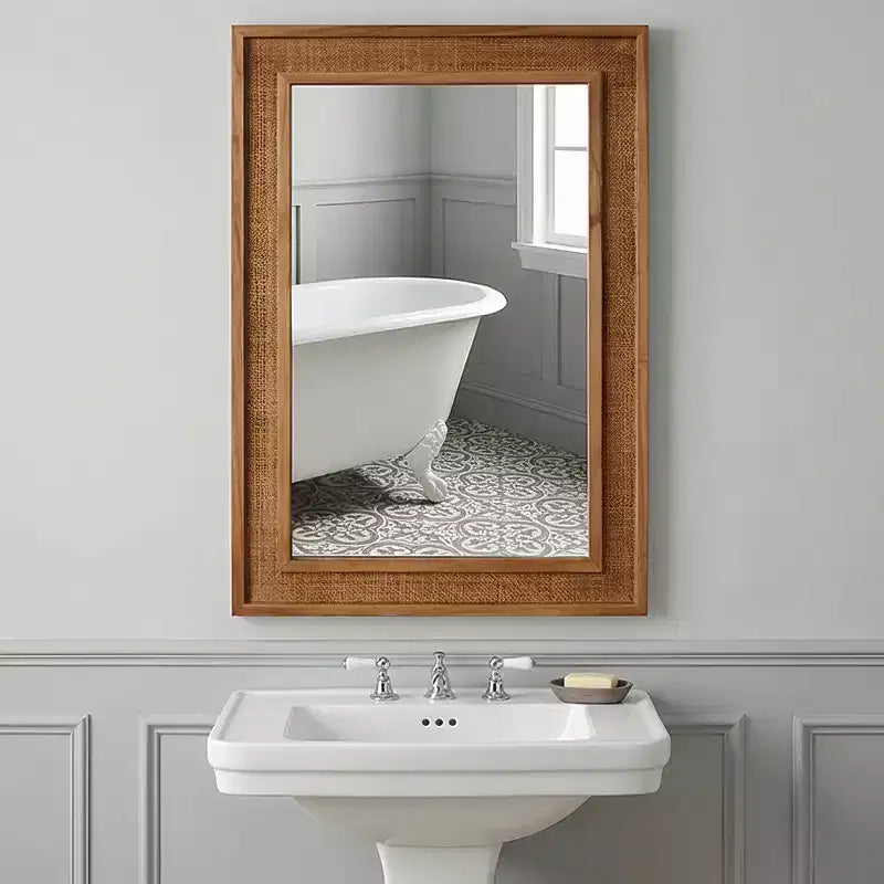Miroir décoratif rectangulaire en rotin avec cadre en bois massif, pour ferme, salle de bain, décoration intérieure, entrée