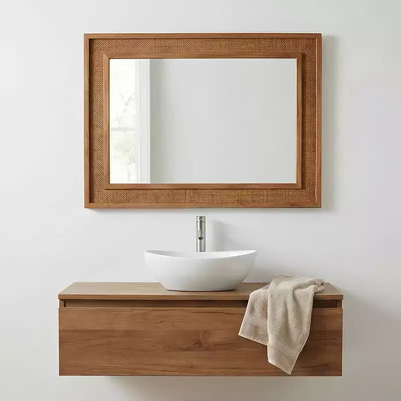 Miroir décoratif rectangulaire en rotin avec cadre en bois massif, pour ferme, salle de bain, décoration intérieure, entrée