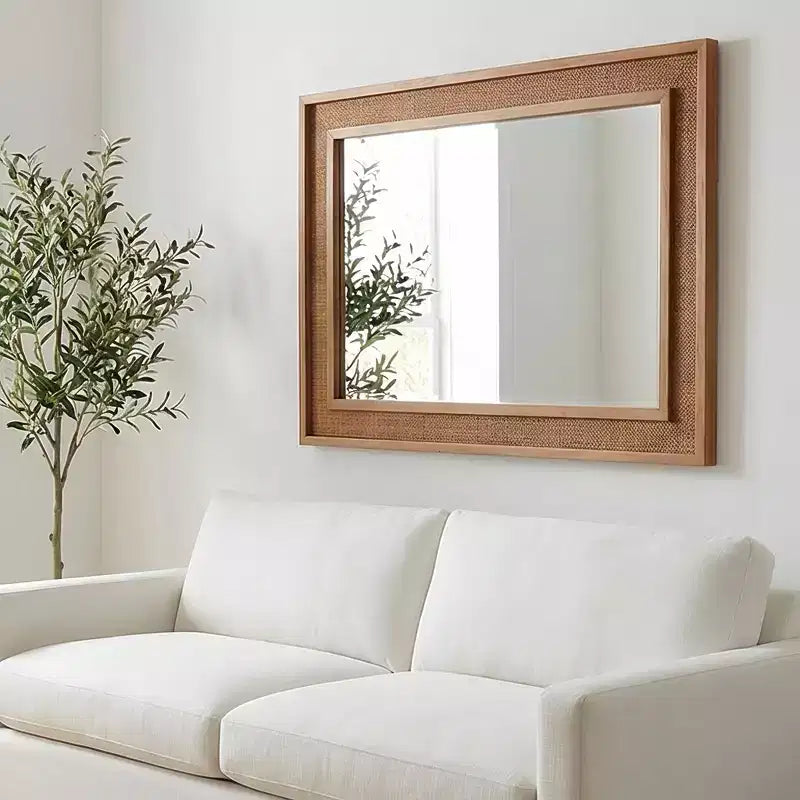 Miroir décoratif rectangulaire en rotin avec cadre en bois massif, pour ferme, salle de bain, décoration intérieure, entrée