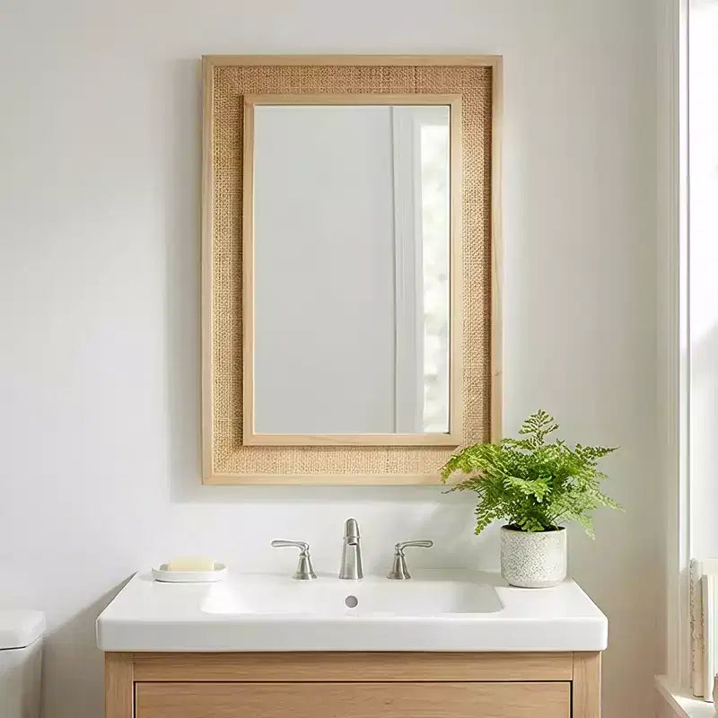 Miroir décoratif rectangulaire en rotin avec cadre en bois massif, pour ferme, salle de bain, décoration intérieure, entrée