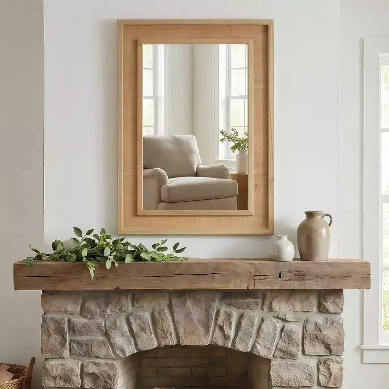 Miroir décoratif rectangulaire en rotin avec cadre en bois massif, pour ferme, salle de bain, décoration intérieure, entrée