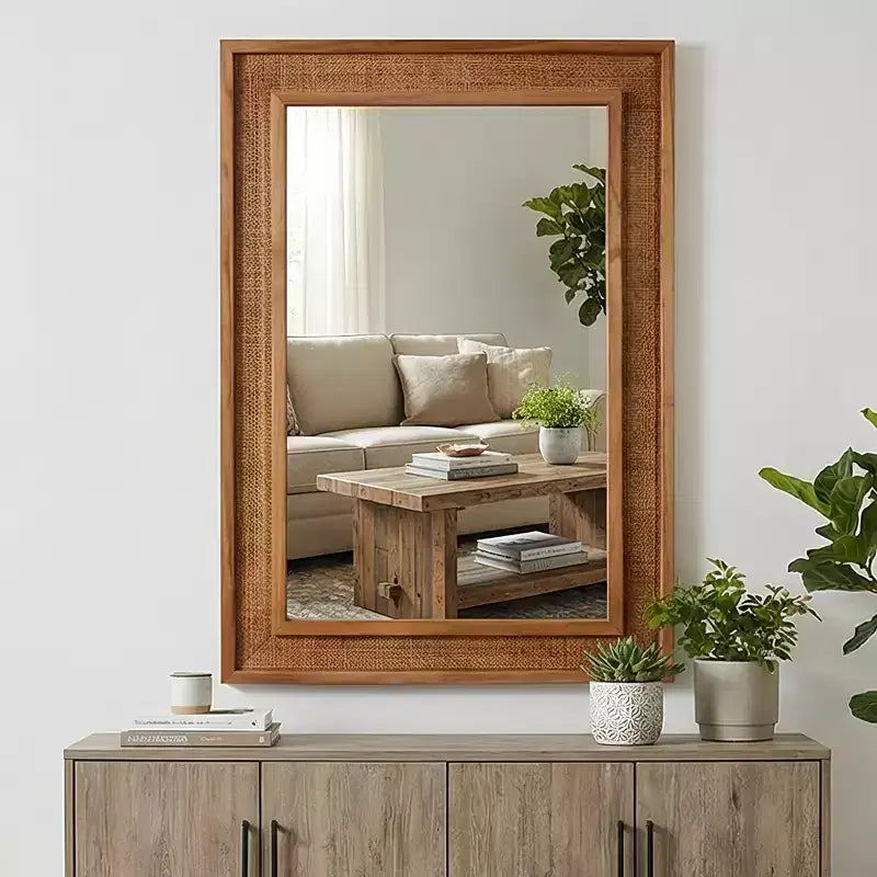 Miroir décoratif rectangulaire en rotin avec cadre en bois massif, pour ferme, salle de bain, décoration intérieure, entrée