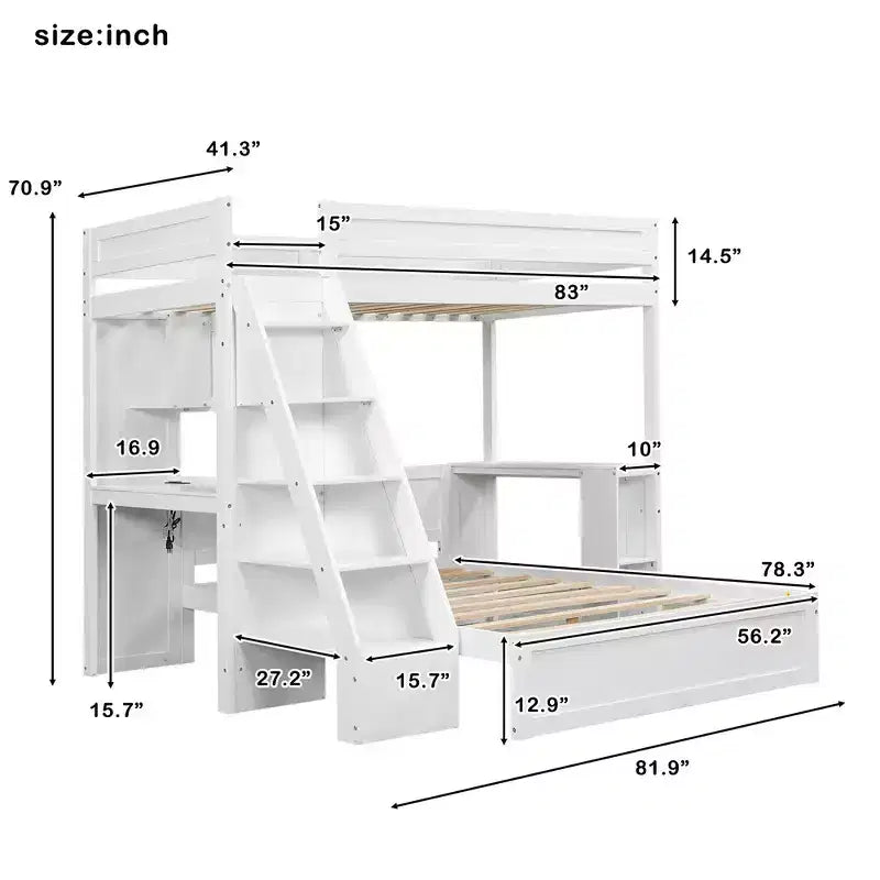 Lit superposé simple XL sur lit double avec bureau et USB Whisen