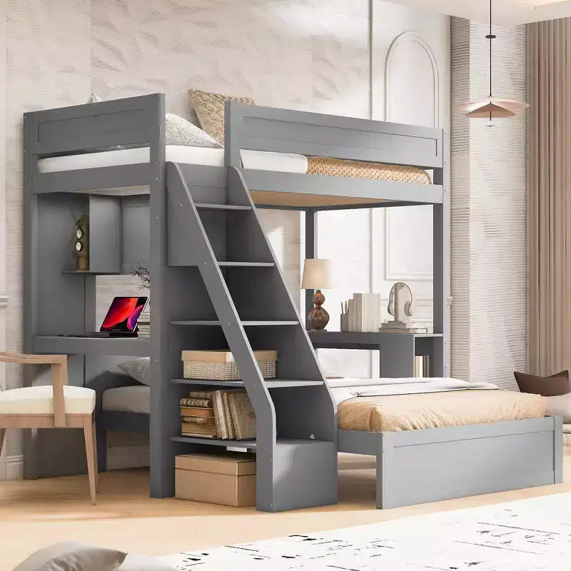 Lit superposé simple XL sur lit double avec bureau et USB Whisen