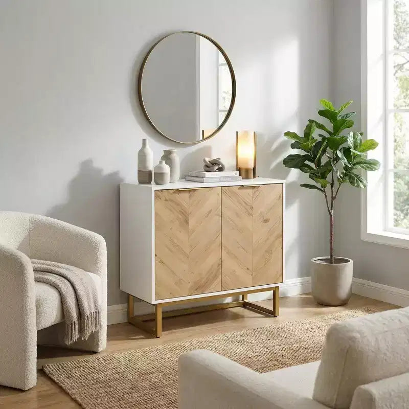 Buffet moderne FurnitureR avec portes à chevrons, console de rangement à 2 portes avec base en métal, rangement d'appoint pour salle à manger, salon, entrée