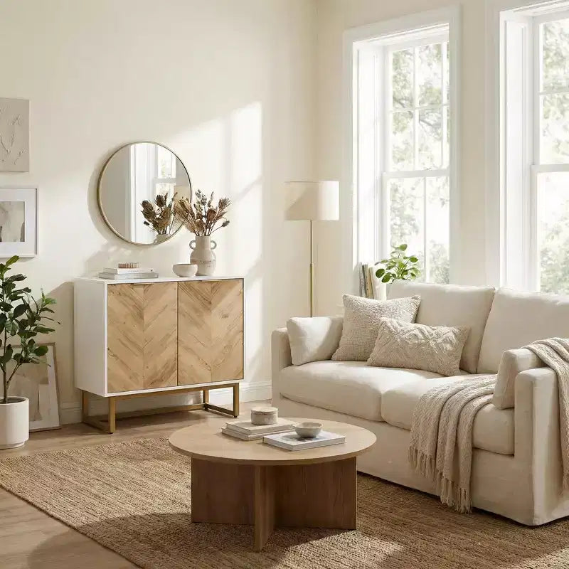 Buffet moderne FurnitureR avec portes à chevrons, console de rangement à 2 portes avec base en métal, rangement d'appoint pour salle à manger, salon, entrée