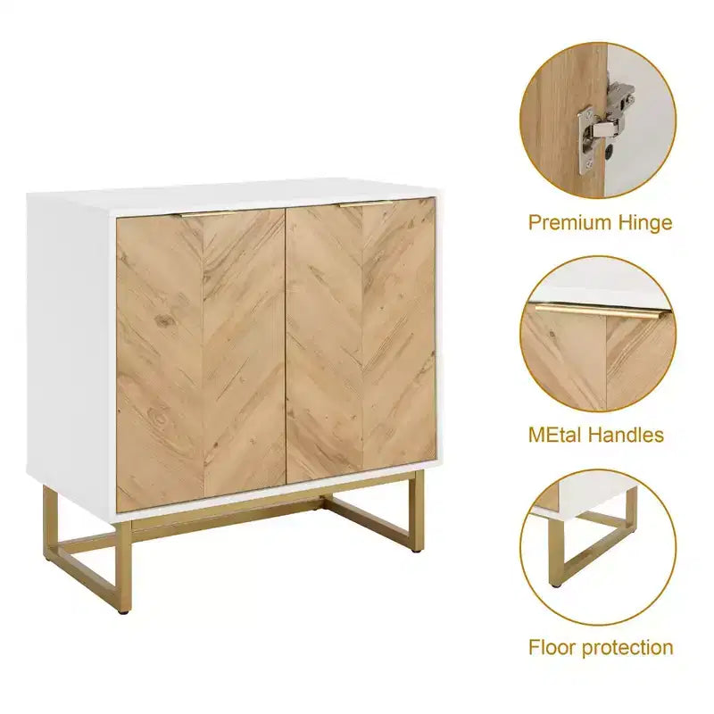 Buffet moderne FurnitureR avec portes à chevrons, console de rangement à 2 portes avec base en métal, rangement d'appoint pour salle à manger, salon, entrée