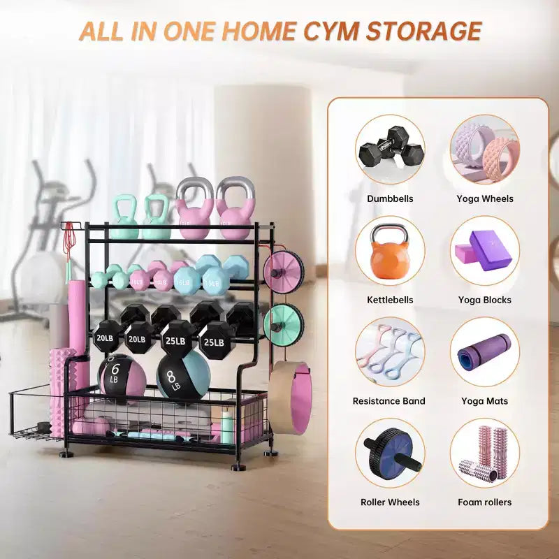 Étagère compacte à 4 niveaux pour équipement de fitness : Supporte haltères, tapis de yoga et plus, robuste jusqu'à 10 kg, organiseur de rangement 46,7x39,5x25,4 cm pour salle de sport à domicile