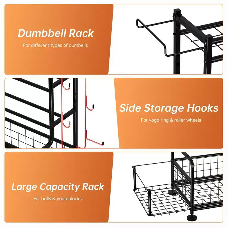 Étagère compacte à 4 niveaux pour équipement de fitness : Supporte haltères, tapis de yoga et plus, robuste jusqu'à 10 kg, organiseur de rangement 46,7x39,5x25,4 cm pour salle de sport à domicile