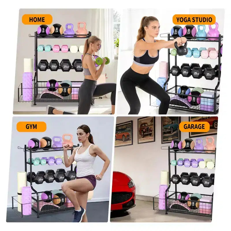 Étagère compacte à 4 niveaux pour équipement de fitness : Supporte haltères, tapis de yoga et plus, robuste jusqu'à 10 kg, organiseur de rangement 46,7x39,5x25,4 cm pour salle de sport à domicile