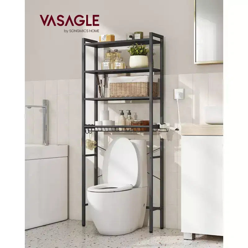 Meuble de Rangement Sur Pied WC VASAGLE, Étagère de Salle de Bain avec Étagères Réglables et Panier, Porte-Sèche-Cheveux, 3 Crochets
