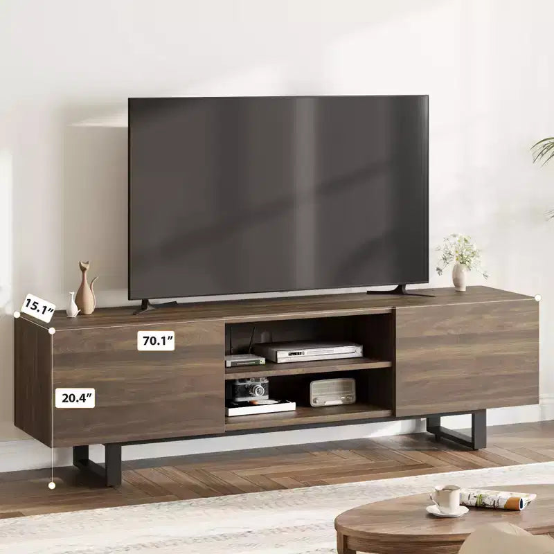 Meuble TV industriel Garvee pour 80 po, centre de divertissement moderne avec 2 tiroirs, meuble multimédia en bois avec pieds robustes et rangement ouvert