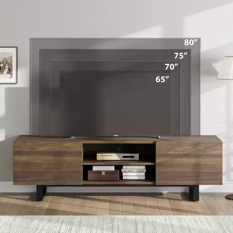Meuble TV industriel Garvee pour 80 po, centre de divertissement moderne avec 2 tiroirs, meuble multimédia en bois avec pieds robustes et rangement ouvert