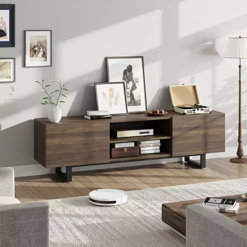 Meuble TV industriel Garvee pour 80 po, centre de divertissement moderne avec 2 tiroirs, meuble multimédia en bois avec pieds robustes et rangement ouvert