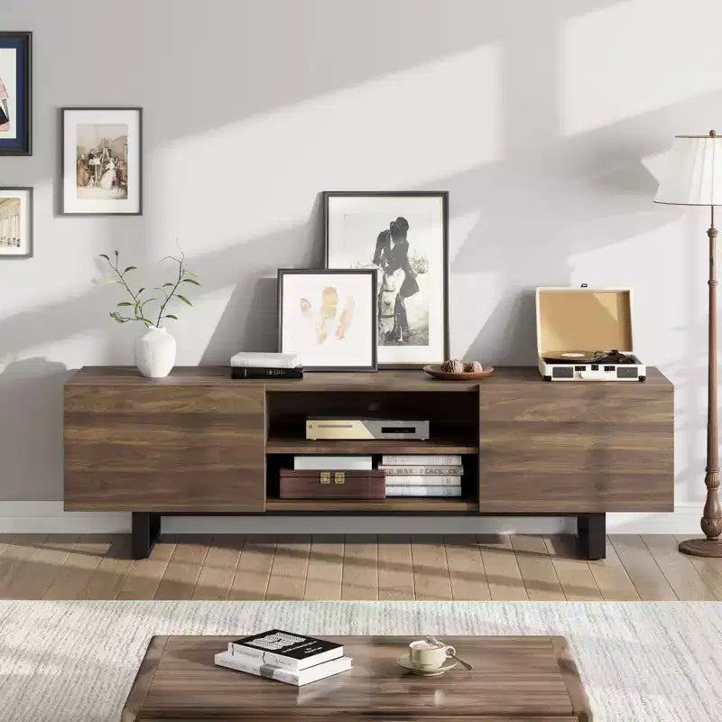 Meuble TV industriel Garvee pour 80 po, centre de divertissement moderne avec 2 tiroirs, meuble multimédia en bois avec pieds robustes et rangement ouvert