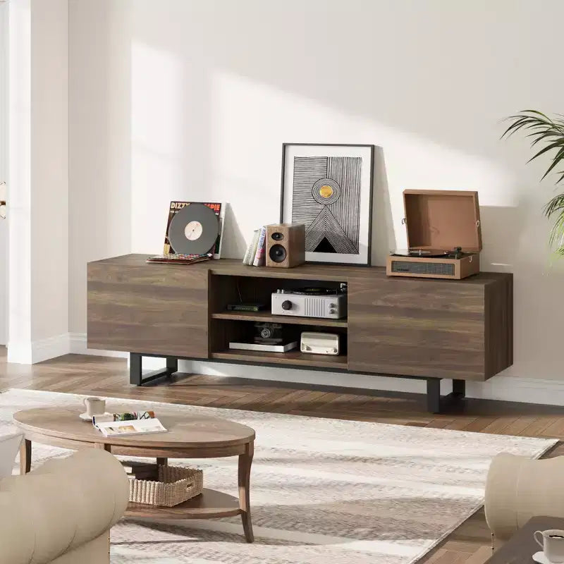 Meuble TV industriel Garvee pour 80 po, centre de divertissement moderne avec 2 tiroirs, meuble multimédia en bois avec pieds robustes et rangement ouvert