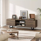 Meuble TV industriel Garvee pour 80 po, centre de divertissement moderne avec 2 tiroirs, meuble multimédia en bois avec pieds robustes et rangement ouvert