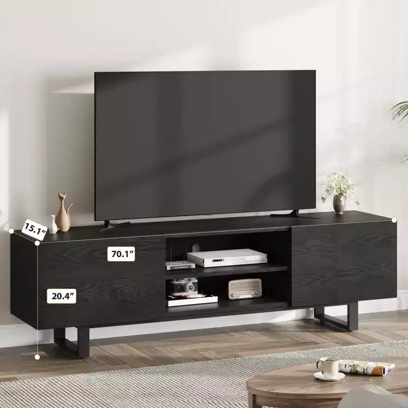 Meuble TV industriel Garvee pour 80 po, centre de divertissement moderne avec 2 tiroirs, meuble multimédia en bois avec pieds robustes et rangement ouvert