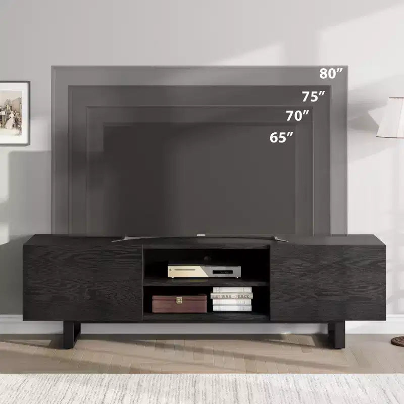 Meuble TV industriel Garvee pour 80 po, centre de divertissement moderne avec 2 tiroirs, meuble multimédia en bois avec pieds robustes et rangement ouvert