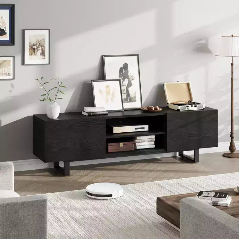 Meuble TV industriel Garvee pour 80 po, centre de divertissement moderne avec 2 tiroirs, meuble multimédia en bois avec pieds robustes et rangement ouvert