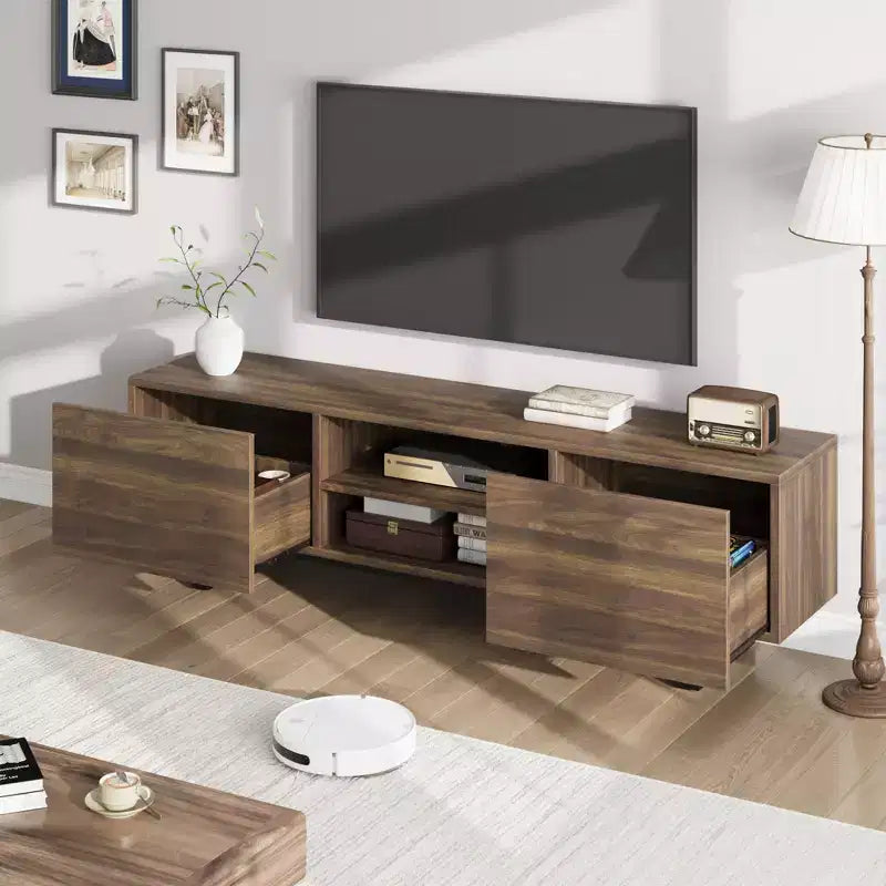 Meuble TV industriel Garvee pour 80 po, centre de divertissement moderne avec 2 tiroirs, meuble multimédia en bois avec pieds robustes et rangement ouvert