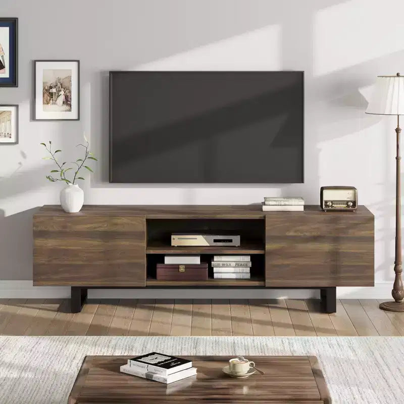 Meuble TV industriel Garvee pour 80 po, centre de divertissement moderne avec 2 tiroirs, meuble multimédia en bois avec pieds robustes et rangement ouvert