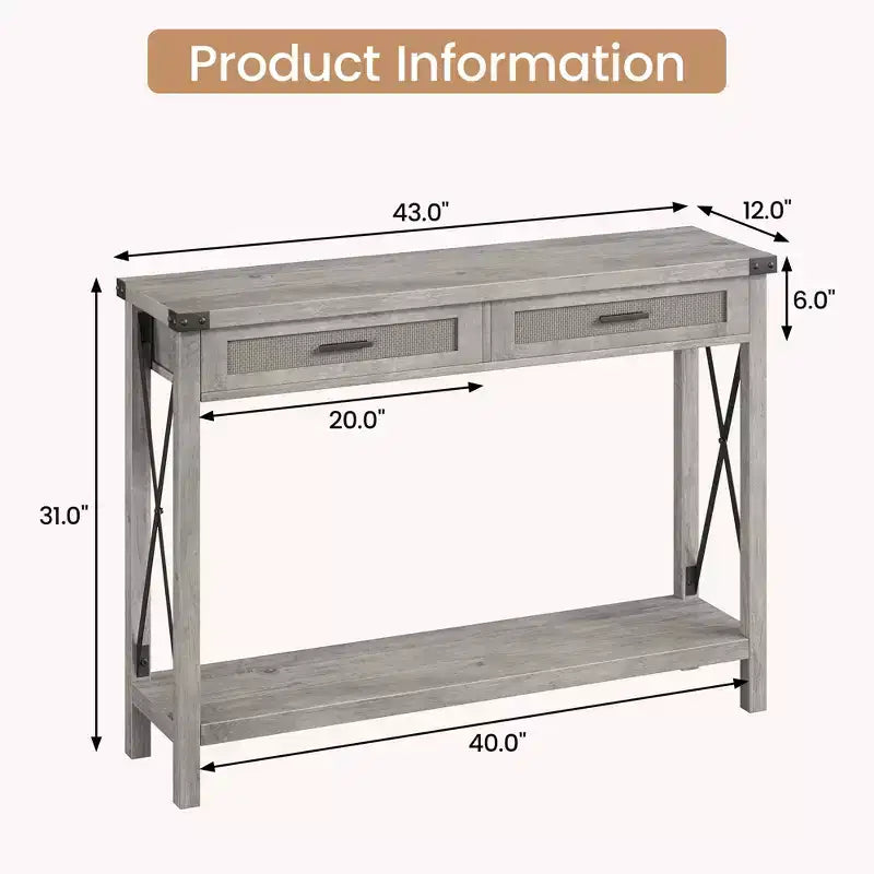 Table d'entrée avec tiroirs en rotin, console en bois de 109 cm pour entrée, table d'appoint avec rangement pour salon, couloir, hall d'entrée