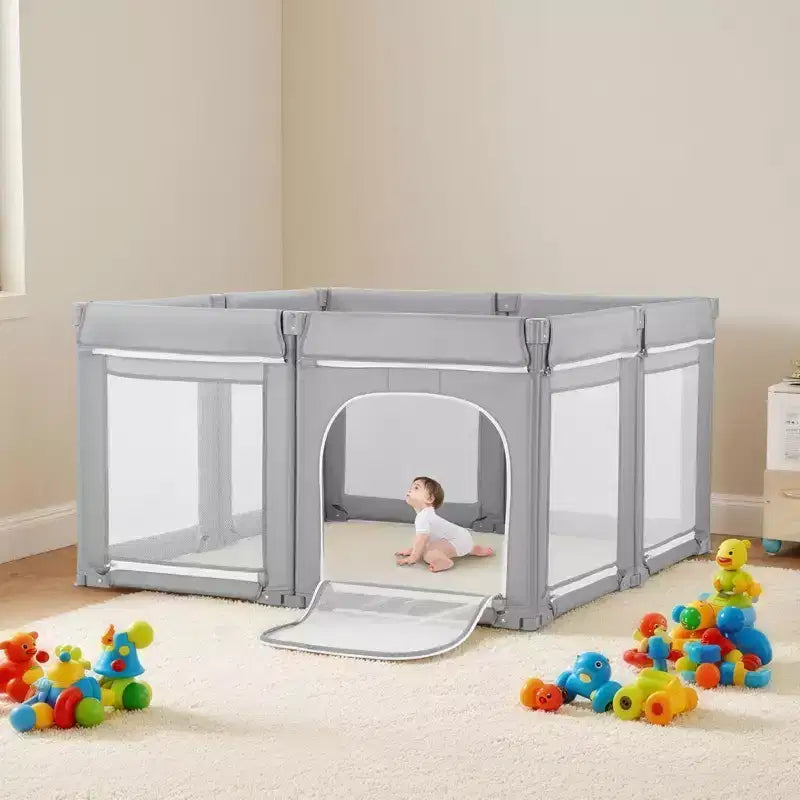 Parc pour bébé VEVOR, très grand parc pour tout-petits de 200 x 178 cm, parc pliable avec porte zippée et maille douce et respirante, gris
