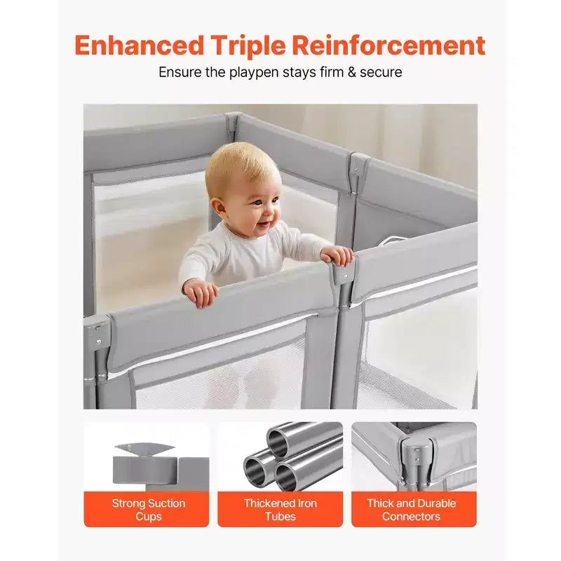Parc pour bébé VEVOR, très grand parc pour tout-petits de 200 x 178 cm, parc pliable avec porte zippée et maille douce et respirante, gris