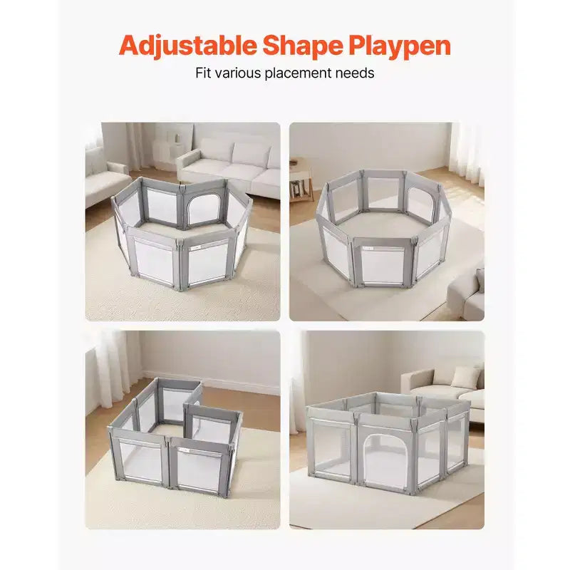 Parc pour bébé VEVOR, très grand parc pour tout-petits de 200 x 178 cm, parc pliable avec porte zippée et maille douce et respirante, gris