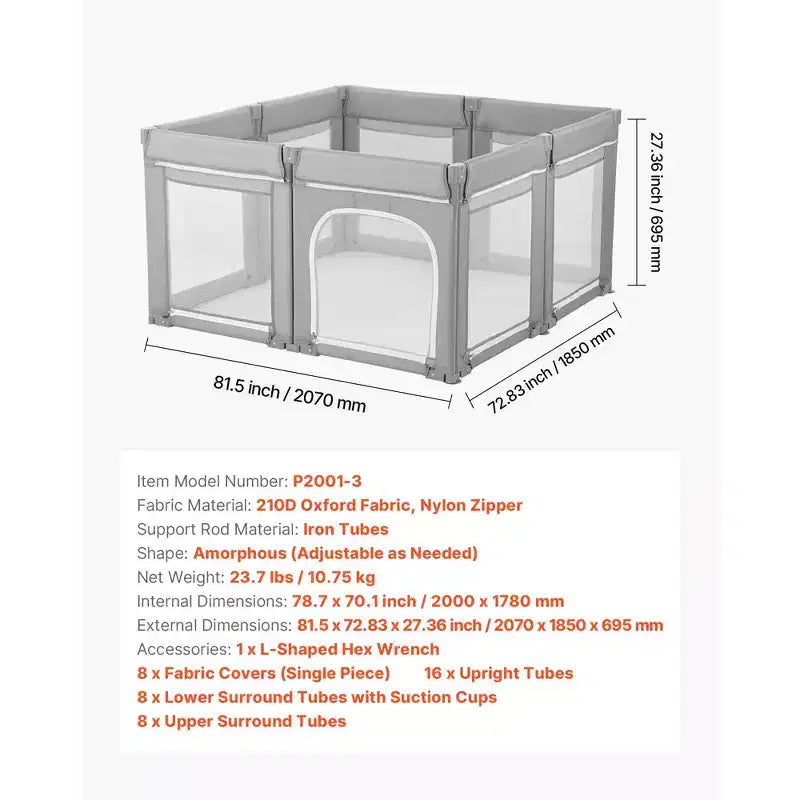 Parc pour bébé VEVOR, très grand parc pour tout-petits de 200 x 178 cm, parc pliable avec porte zippée et maille douce et respirante, gris