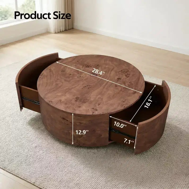 JVNOXK Table basse rotative en noyer de 72 cm avec 2 tiroirs cachés, plateau rotatif à 360°, grain de bois naturel, pour salon, noyer