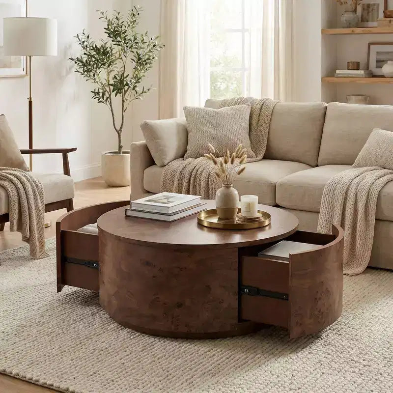JVNOXK Table basse rotative en noyer de 72 cm avec 2 tiroirs cachés, plateau rotatif à 360°, grain de bois naturel, pour salon, noyer