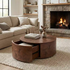 JVNOXK Table basse rotative en noyer de 72 cm avec 2 tiroirs cachés, plateau rotatif à 360°, grain de bois naturel, pour salon, noyer