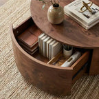 JVNOXK Table basse rotative en noyer de 72 cm avec 2 tiroirs cachés, plateau rotatif à 360°, grain de bois naturel, pour salon, noyer