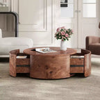 JVNOXK Table basse rotative en noyer de 72 cm avec 2 tiroirs cachés, plateau rotatif à 360°, grain de bois naturel, pour salon, noyer