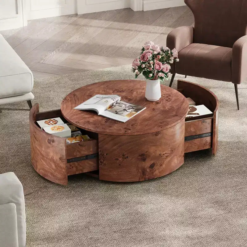 JVNOXK Table basse rotative en noyer de 72 cm avec 2 tiroirs cachés, plateau rotatif à 360°, grain de bois naturel, pour salon, noyer