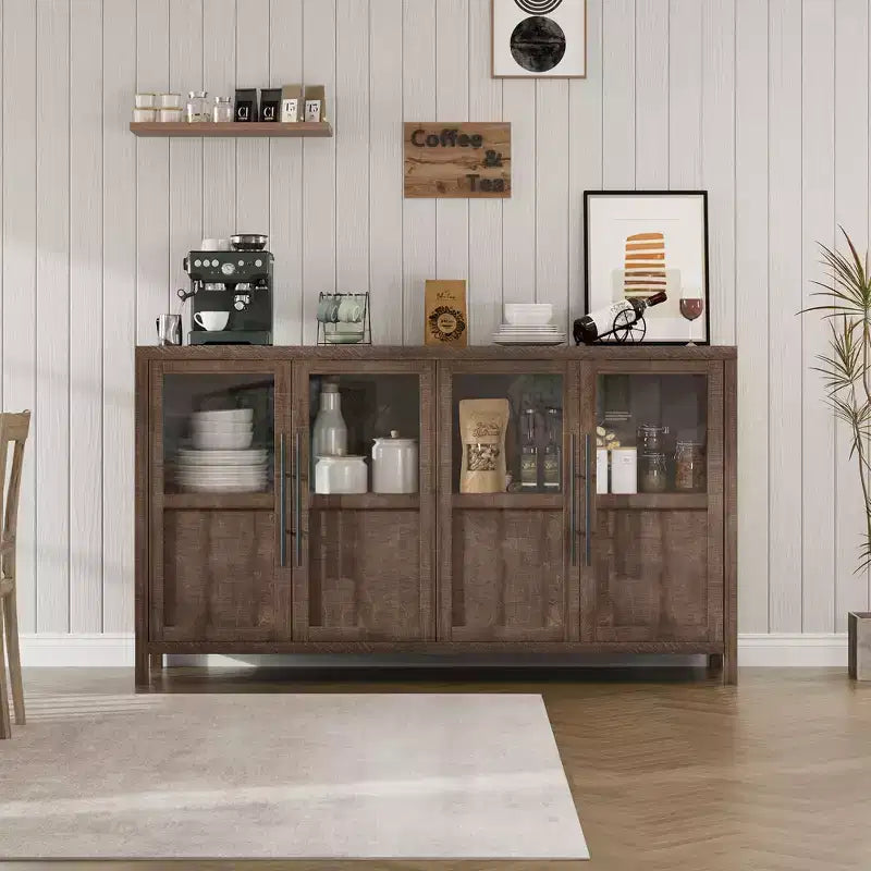 Meuble Buffet Vaisselier avec 4 Portes Vitrées, Vitrine de 140 cm pour Cuisine, Salle à Manger, Salon