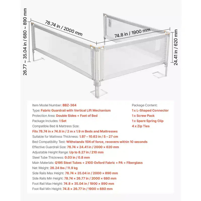 VEVOR Barrière de lit pour tout-petit, 3 pièces, Protection de lit pour enfants avec tube en fer renforcé et tissu Oxford, Rail de lit latéral à hauteur réglable, 3 côtés, Gris