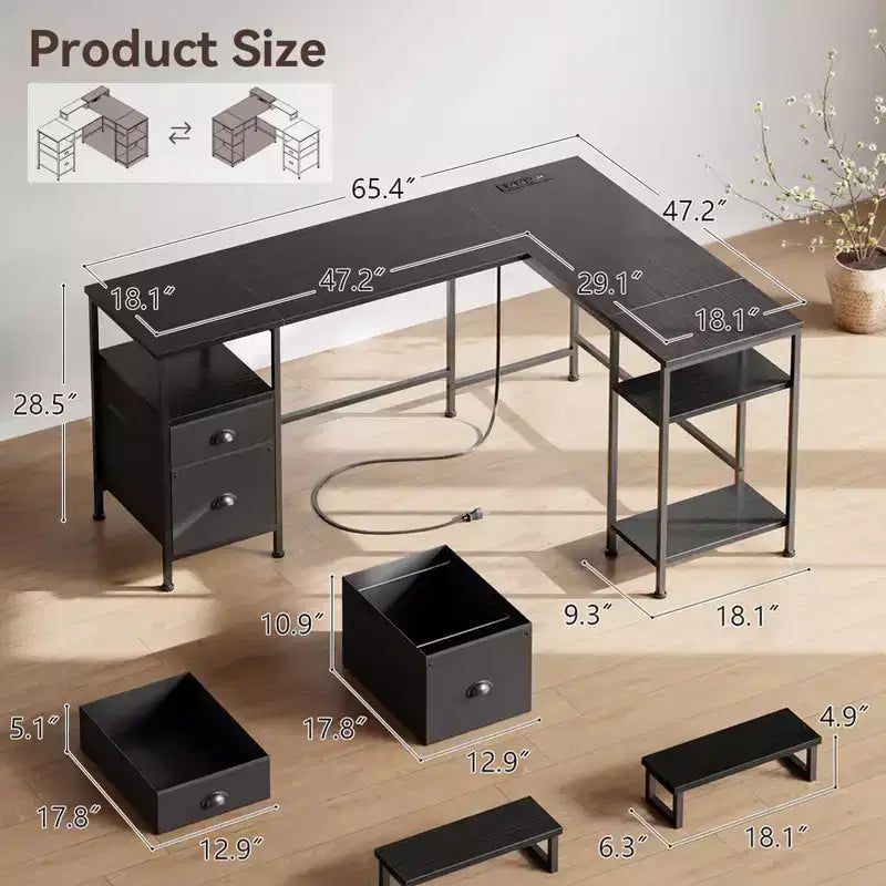 Bureau d'ordinateur noir en L de 66 pouces avec station de charge, bureau d'angle réversible pour jeux vidéo, meuble de classement, support d'écran, rangement pour bureau à domicile
