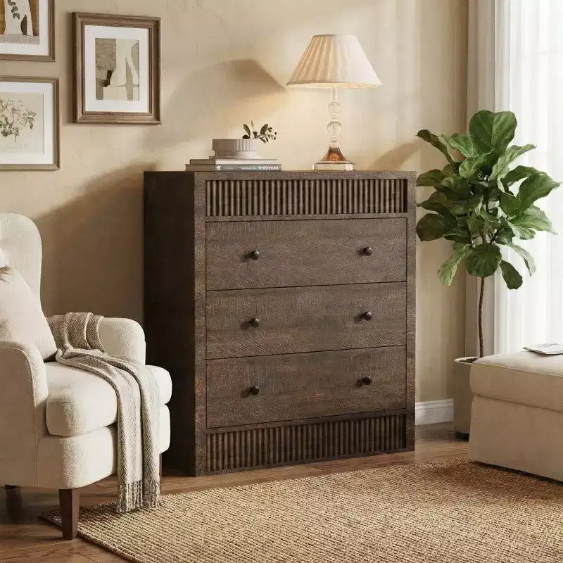 Commode à 3 tiroirs cannelés de 80 cm de large, Table de chevet et meuble de rangement en bois modernes, Commode pour chambre à coucher, chambre d'enfant, couloir et salon