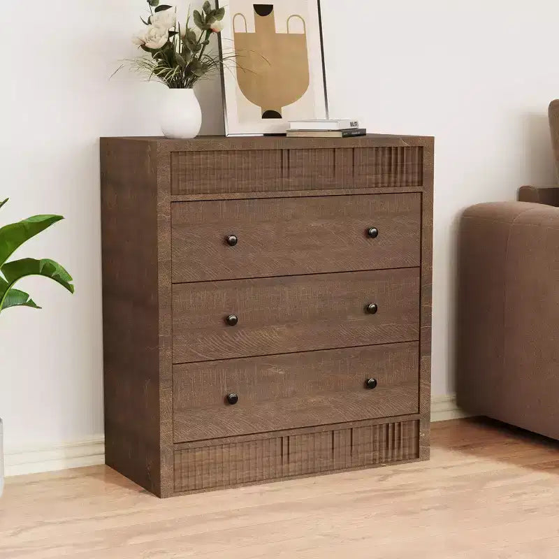 Commode à 3 tiroirs cannelés de 80 cm de large, Table de chevet et meuble de rangement en bois modernes, Commode pour chambre à coucher, chambre d'enfant, couloir et salon