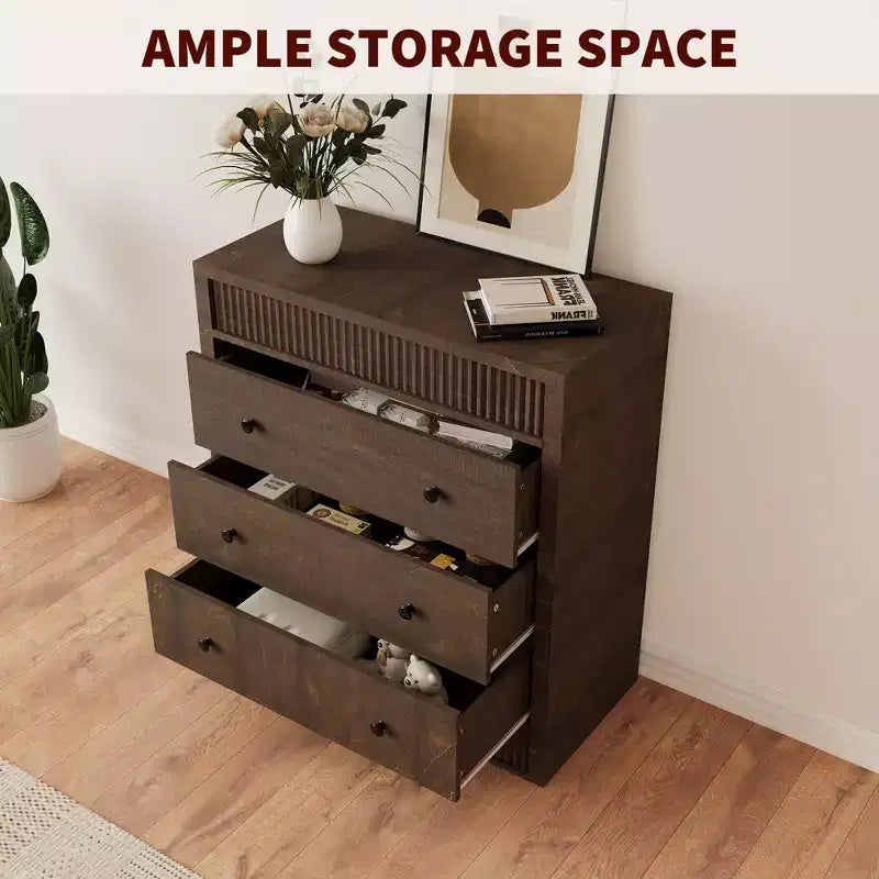 Commode à 3 tiroirs cannelés de 80 cm de large, Table de chevet et meuble de rangement en bois modernes, Commode pour chambre à coucher, chambre d'enfant, couloir et salon